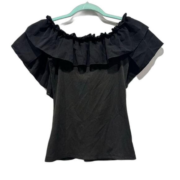 Top Ruffle Blouse Shirt Sleeveless Soft Stretch Black Girly Romantic Women Small - Picture 4 of 5
